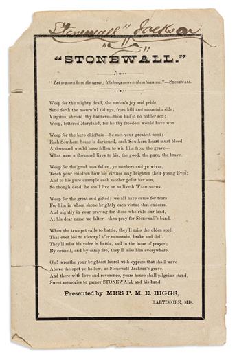 (CIVIL WAR--CONFEDERATE.) Stonewall Jackson memorial songsheet, with a souvenir from his grave.